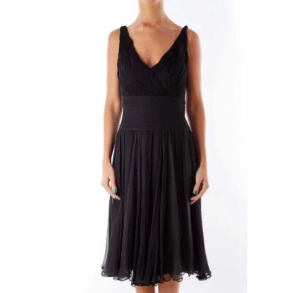 Tadashi Collection Black Silk Dress Pleated Waist & Flowing Skirt Size 8 P - Picture 1 of 6